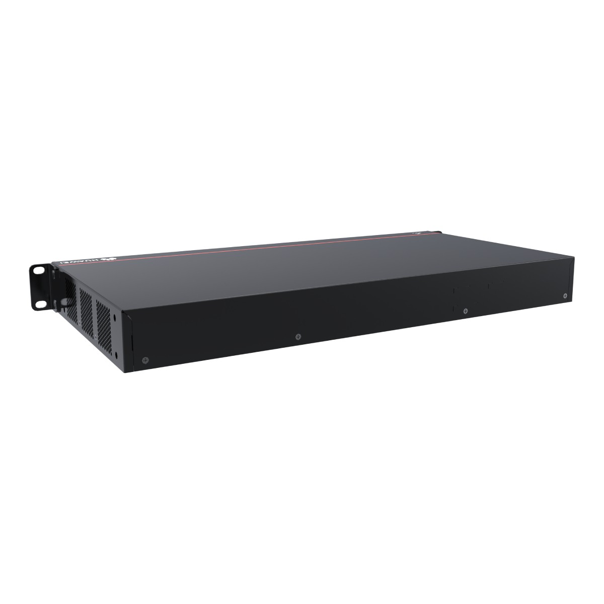 Dispositivo nero da 1U rack con prese d'aria e striscia rossa.