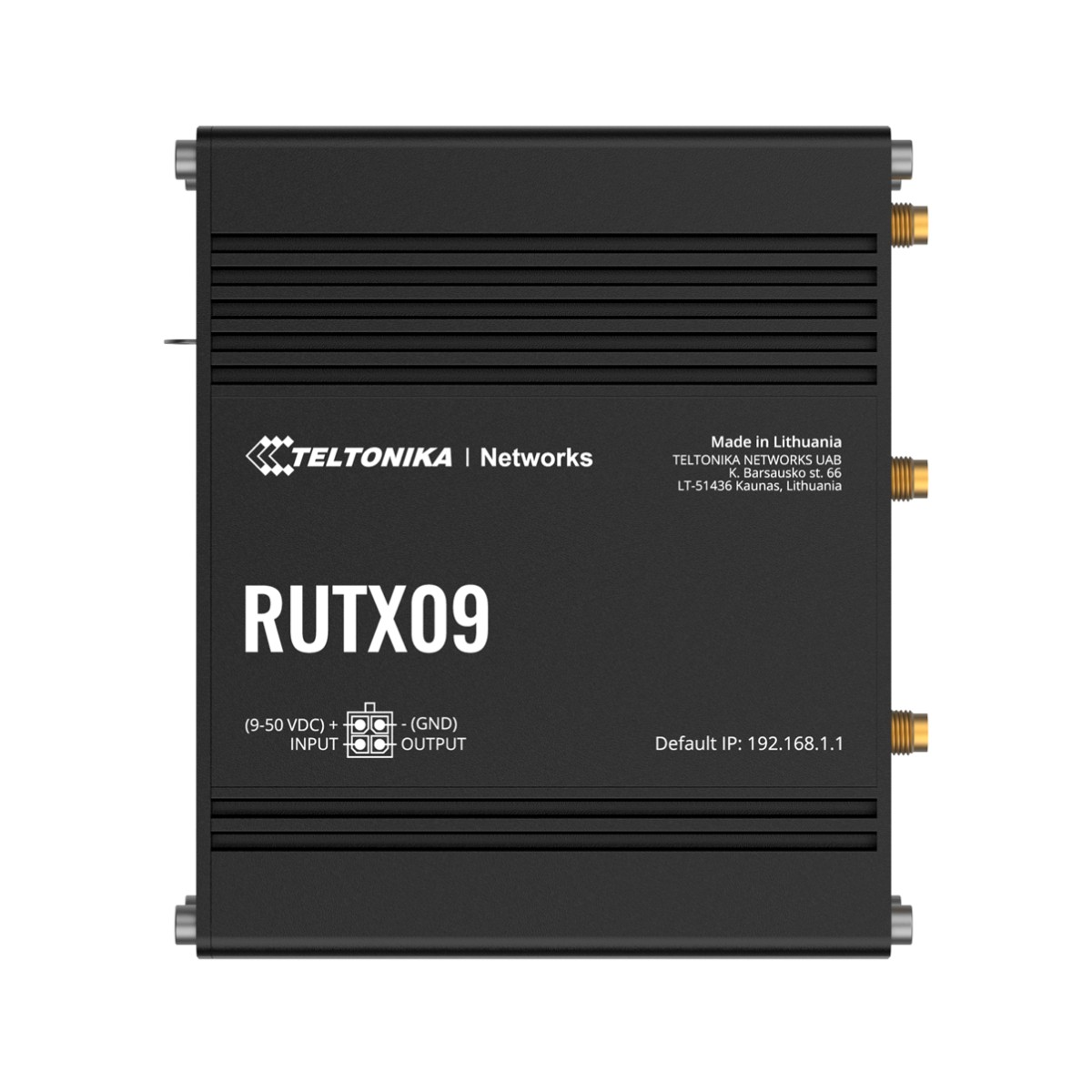 Router Teltonika RUTX09 nero con porte di ingresso/uscita e IP predefinita 192.168.1.1.