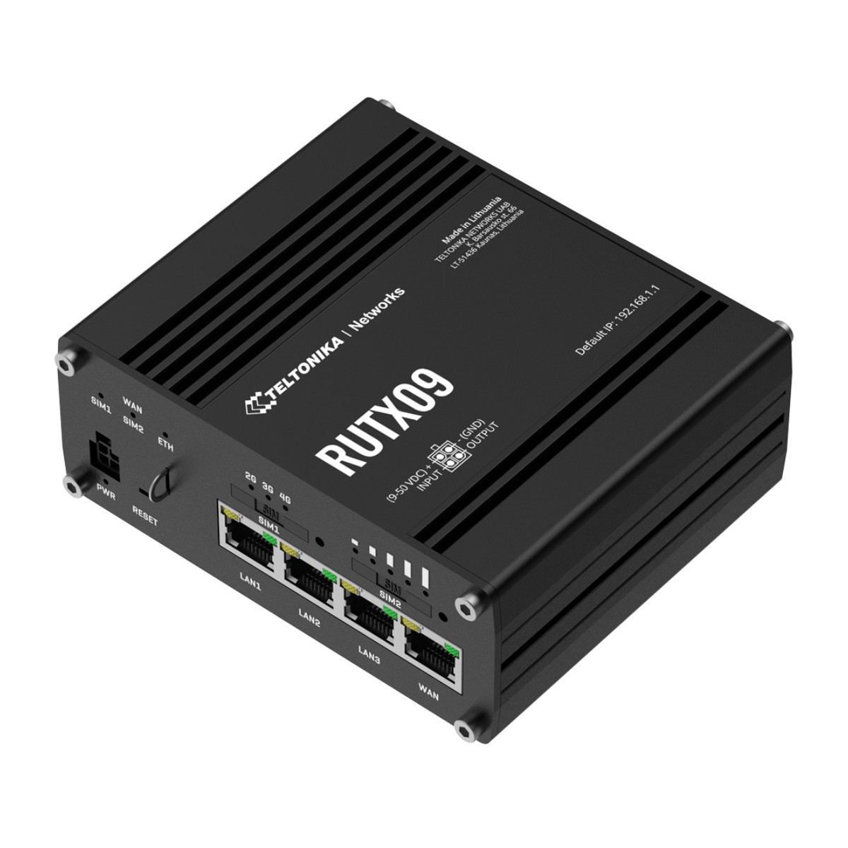 Router nero RUTX09 con porte LAN, WAN e SIM. Etichette e indicatori LED visibili.