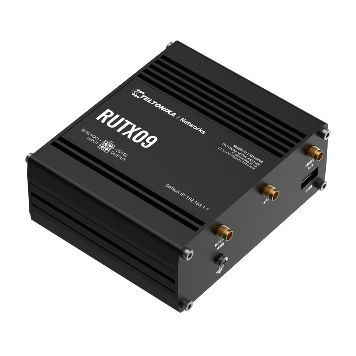 Router Teltonika RUTX09 nero con porte ed etichette.