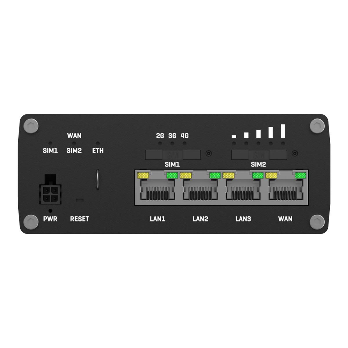 Un router nero con porte per schede SIM, LAN e WAN.