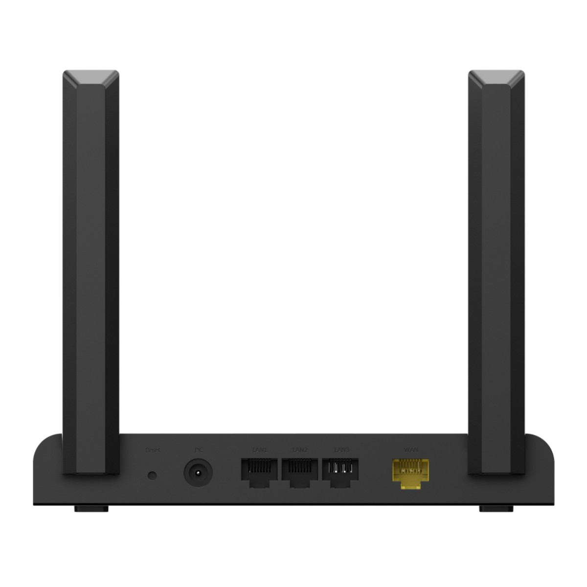 Router nero con due antenne e tre porte LAN.