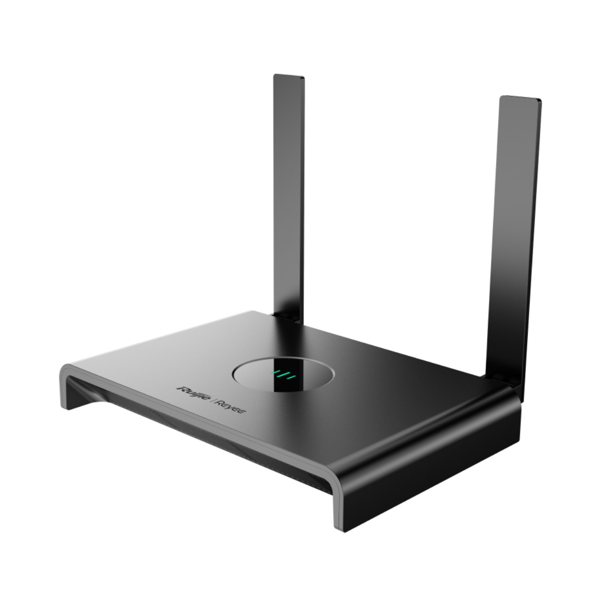 Un router nero con due antenne si trova su sfondo bianco.