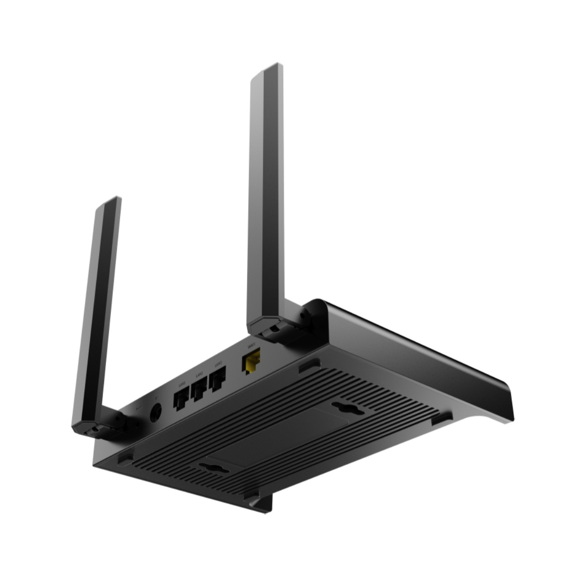Router nero con due antenne e porte Ethernet visibili.