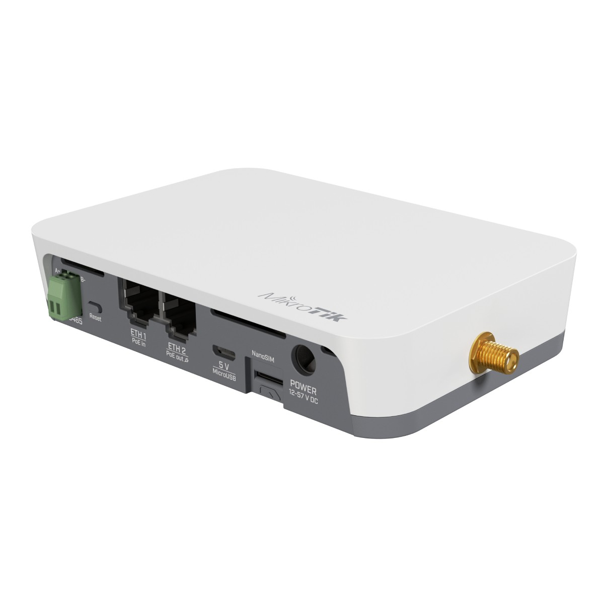 Un router bianco con accenti grigi, più porte e un'antenna.