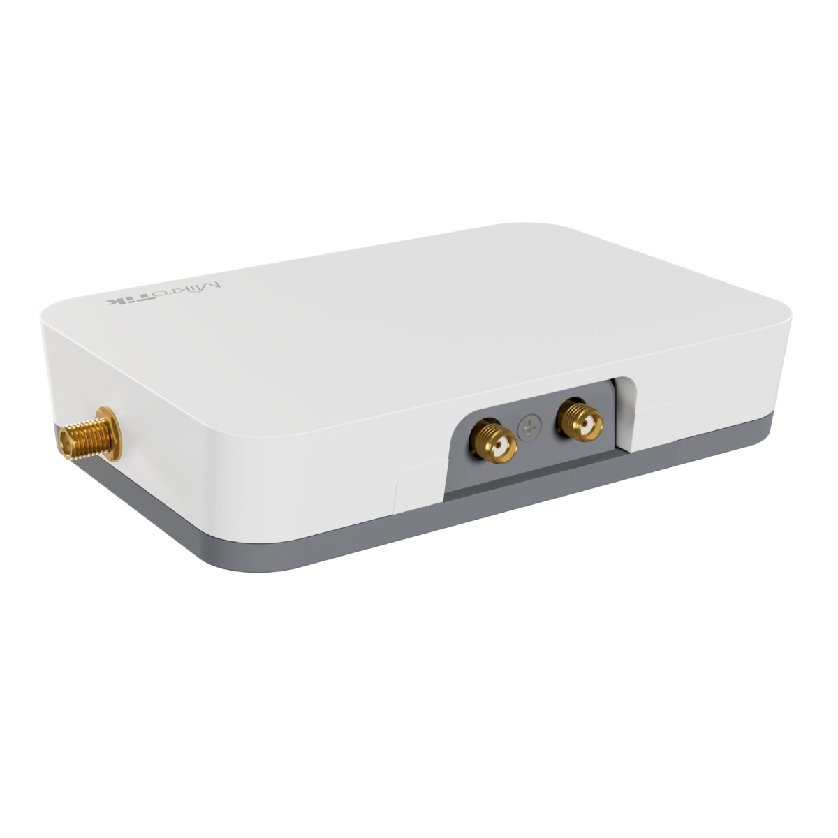Un dispositivo Mikrotik bianco con accenti grigi e connettori dorati.