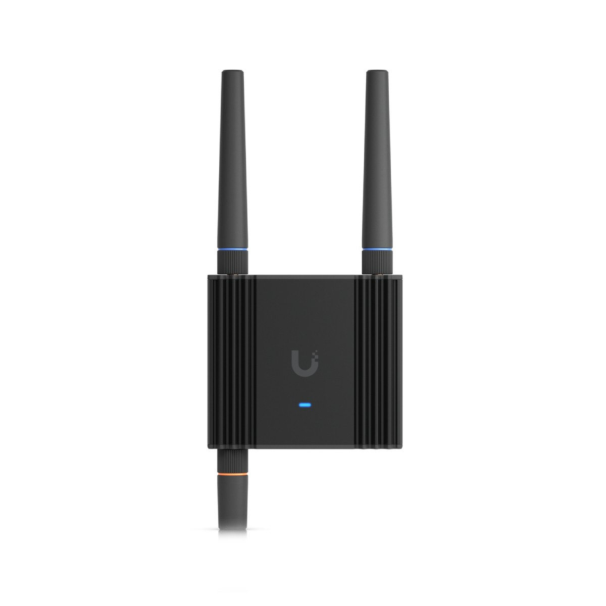 Un router nero con due antenne e un logo su sfondo bianco.