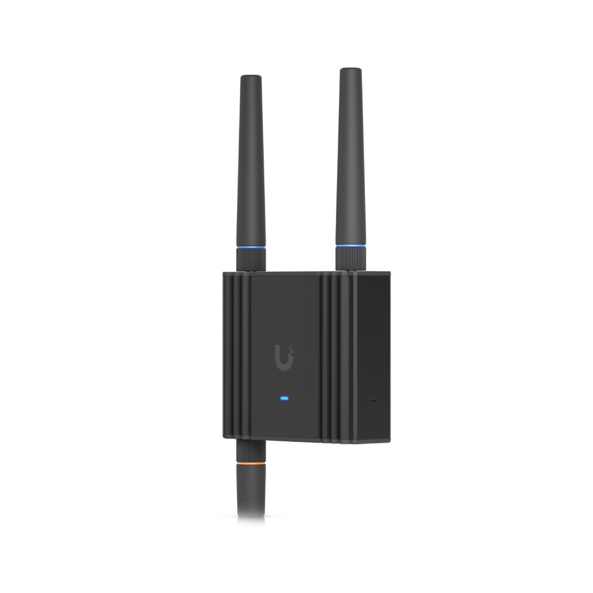 Un router wireless nero con due antenne e una luce LED blu.