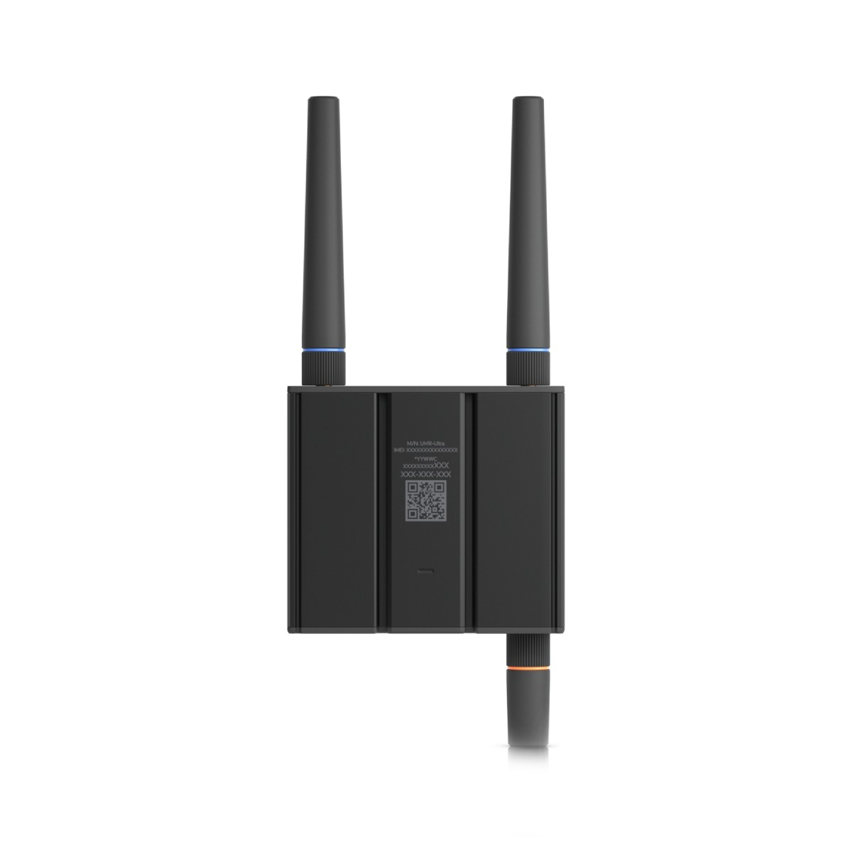 Router nero con due antenne. L'etichetta mostra modello, IMEI e codice QR.