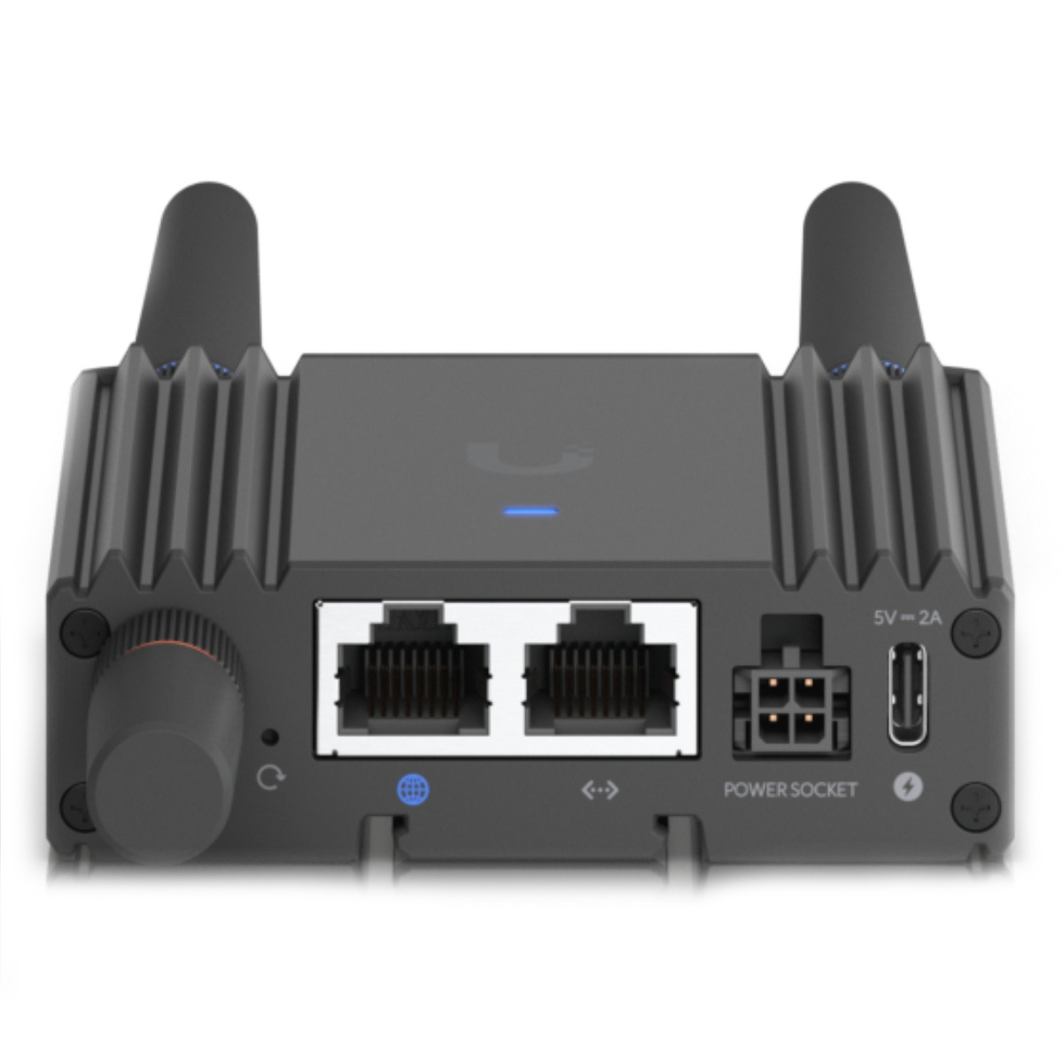 Dispositivo di rete grigio con due porte Ethernet, una manopola e antenne.