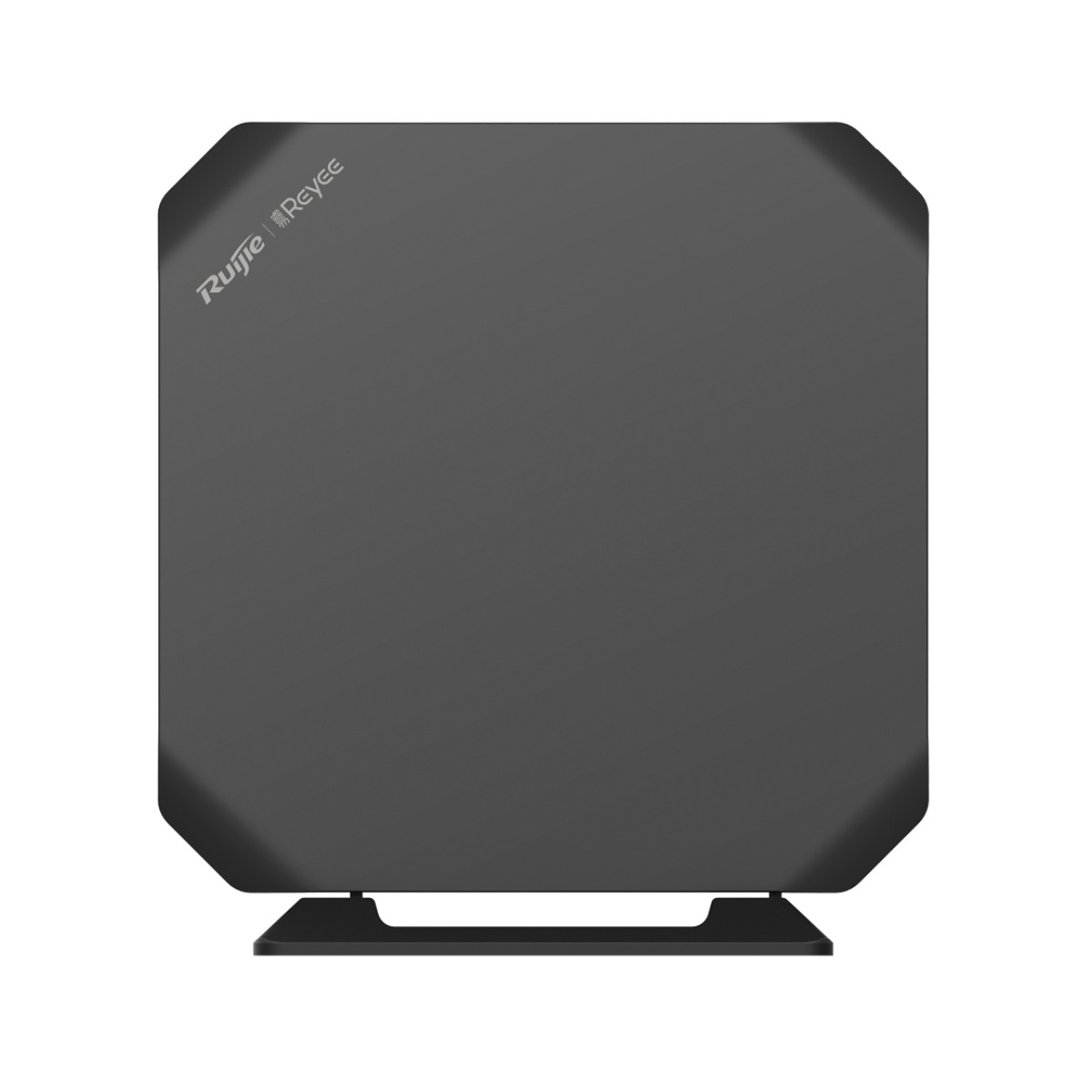 Un router nero, quadrato, con angoli arrotondati su un supporto.