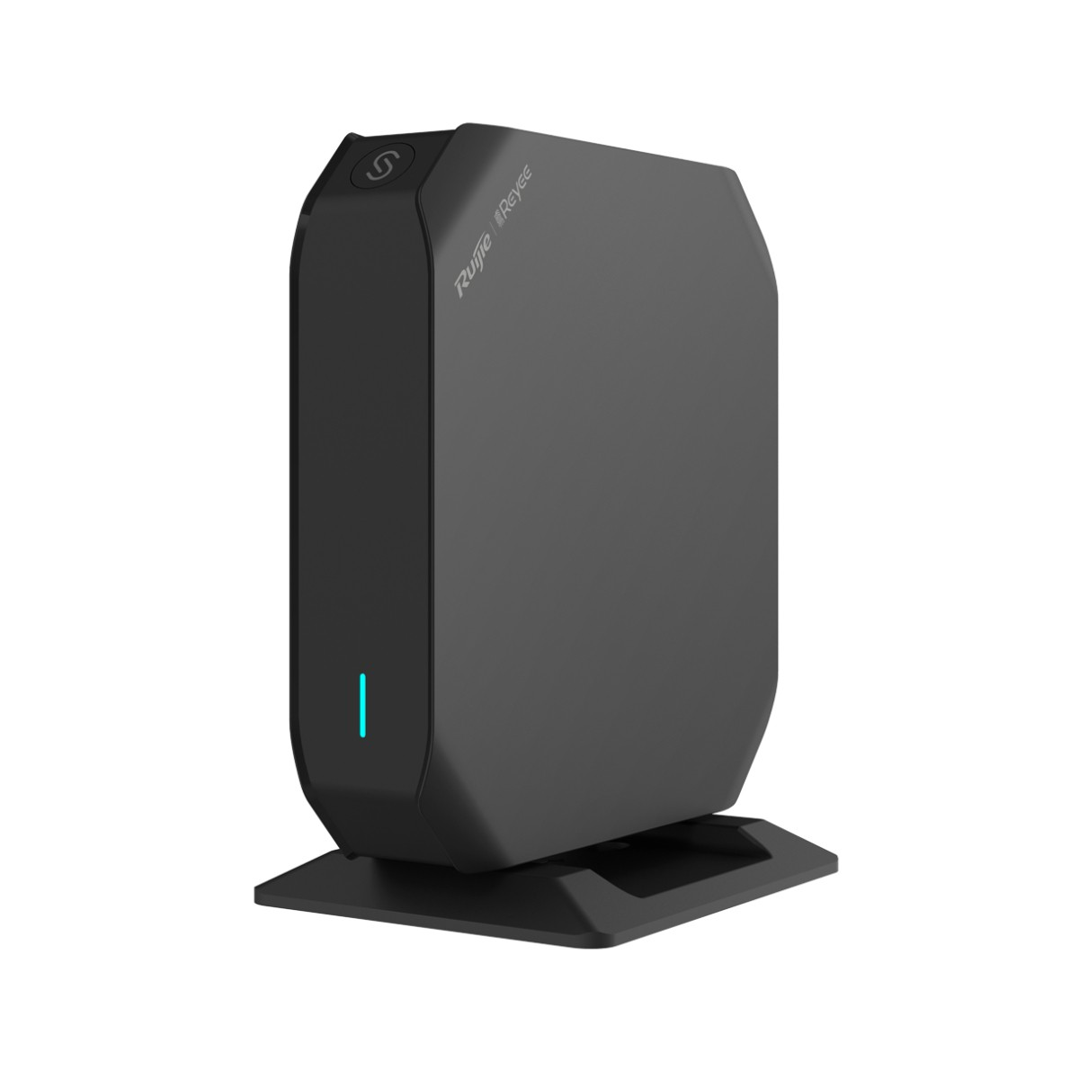 Un dispositivo nero e rettangolare con una striscia luminosa verticale blu sulla base.