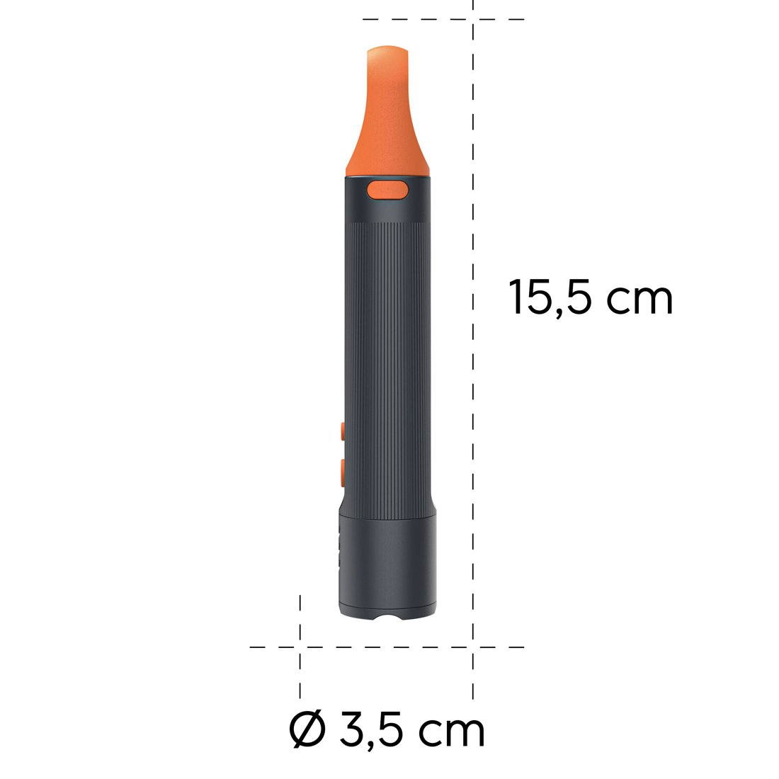 Dispositivo gris oscuro con punta naranja, 15,5 cm de largo, 3,5 cm de diámetro.