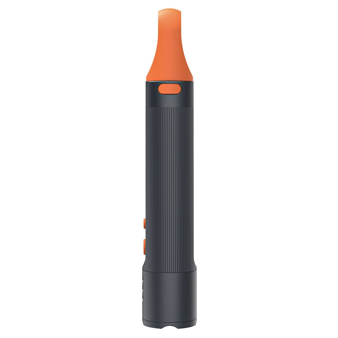Un dispositivo cilíndrico gris oscuro con punta naranja y botones.