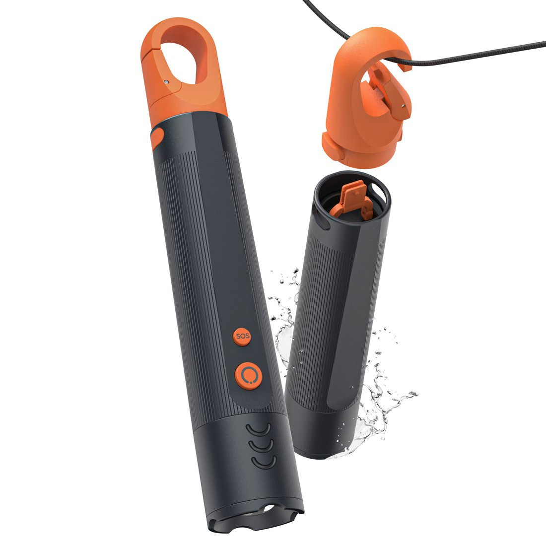 Un cilindro oscuro con mango naranja, botón SOS y soporte para cordón.