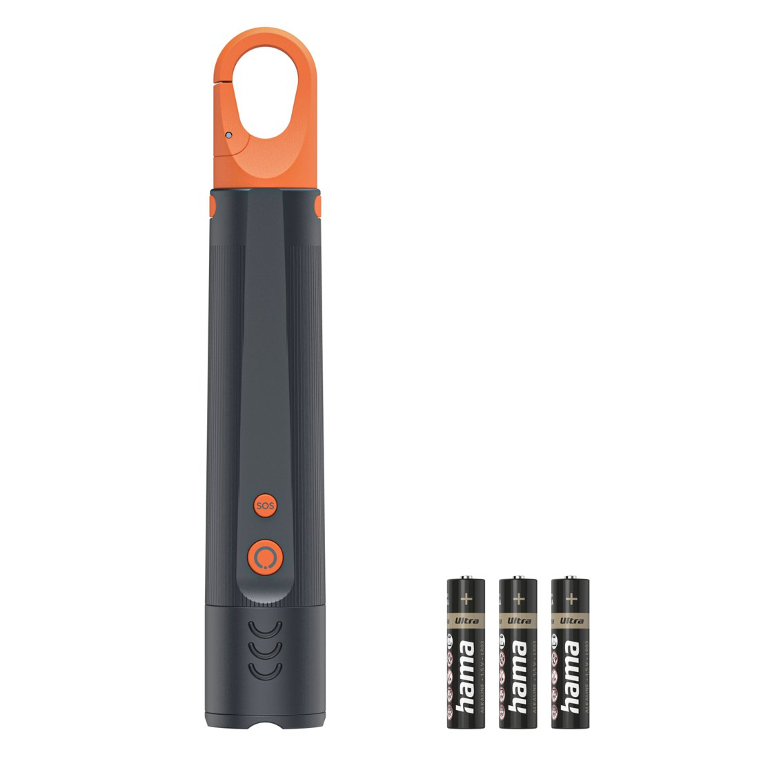 Luz de emergencia gris oscuro con asa de mosquetón naranja y tres pilas al lado.
