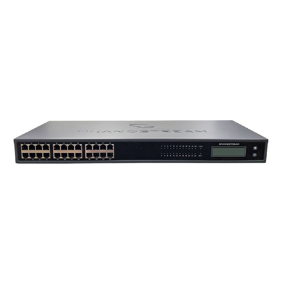 Switch di rete Grandstream nero con 24 porte e un piccolo schermo LCD.
