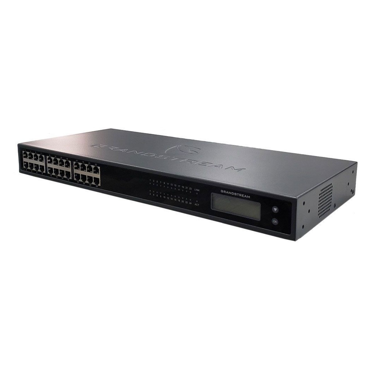 Uno switch di rete nero da 24 porte con un piccolo schermo LCD e LED di stato.