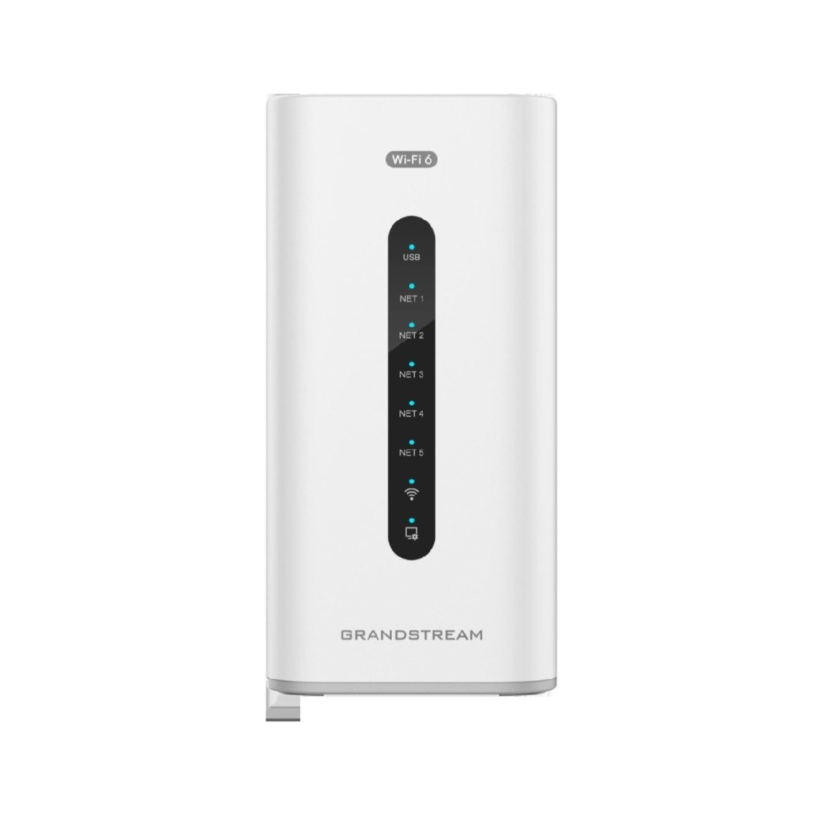 Un router Wi-Fi 6 Grandstream bianco, con spie luminose per USB, NET 1-5 e potenza del segnale.