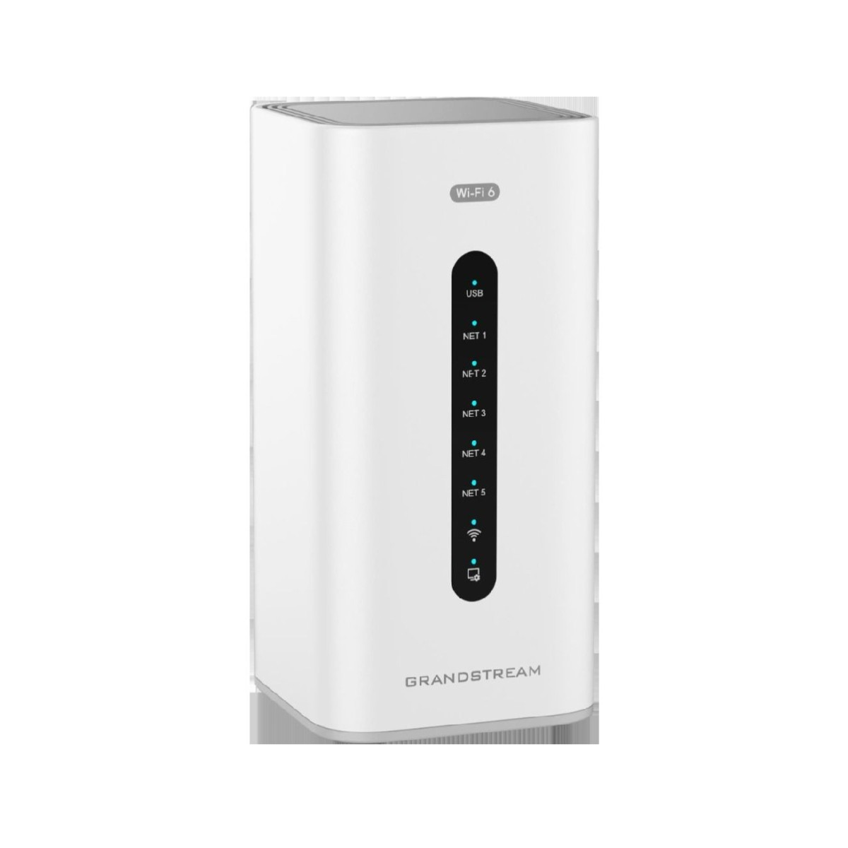 Router Wi-Fi 6 bianco con luci LED verticali e logo Grandstream.
