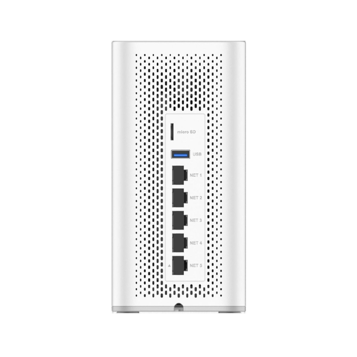 Scatola verticale bianca con prese d'aria e porte: Micro SD, USB, 5 ingressi di rete.