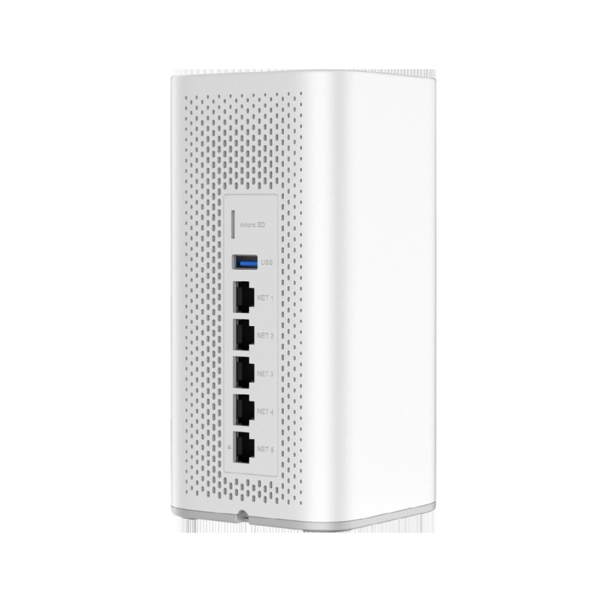 Router bianco con porte micro SD, USB e 5 Ethernet sul lato.