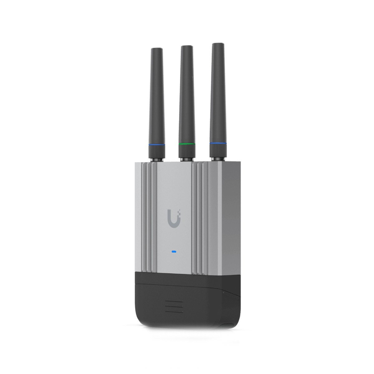Dispositivo grigio con tre antenne, luce blu e logo. Isolato su bianco.