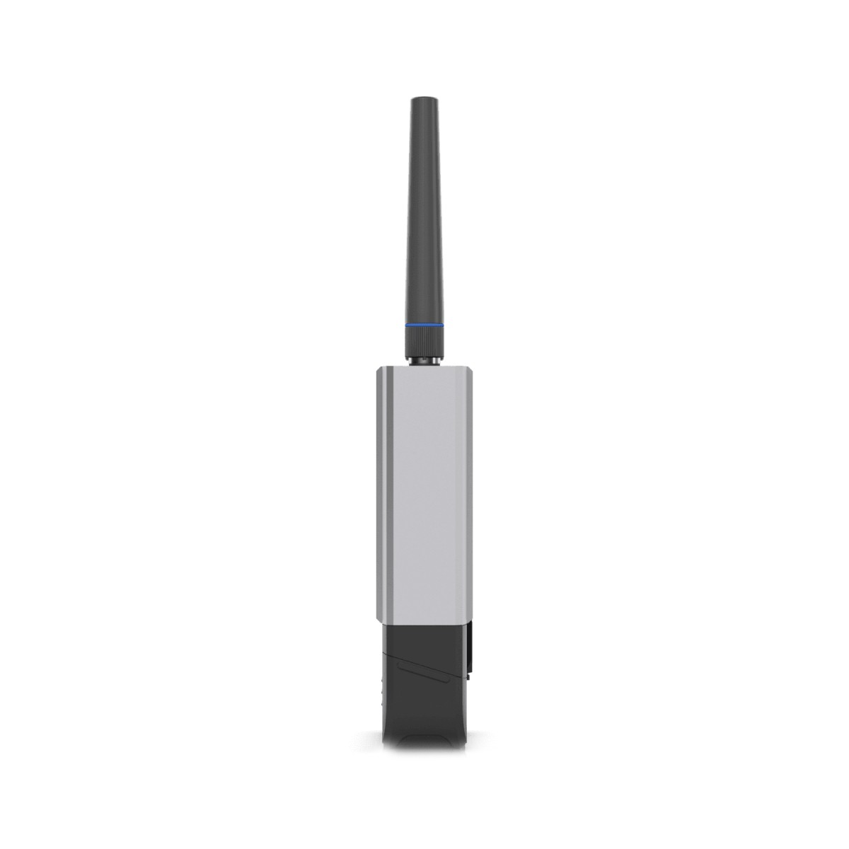 Un dispositivo argentato con antenna nera su sfondo bianco.