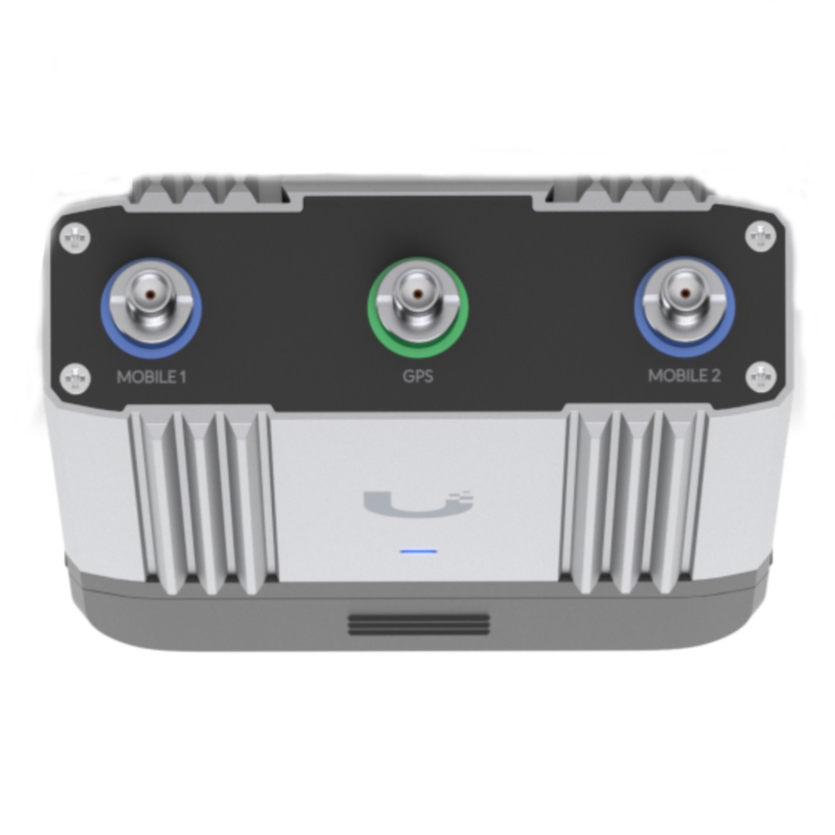 Un dispositivo bianco e grigio con porte etichettate MOBILE 1, GPS e MOBILE 2.