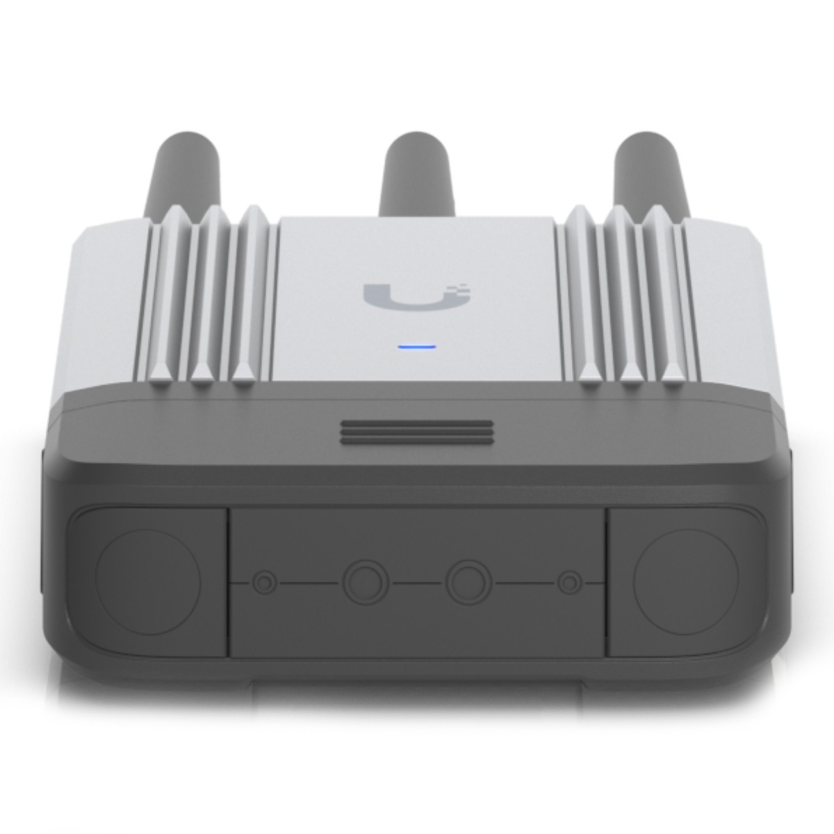 Un dispositivo grigio e bianco con tre antenne e una luce blu.