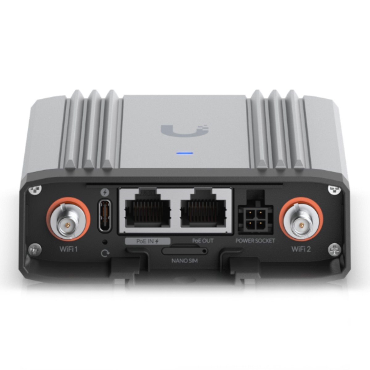 Router grigio e nero con porte: WiFi 1, USB-C, PoE IN, PoE OUT, Presa di corrente, WiFi 2, Nano SIM.