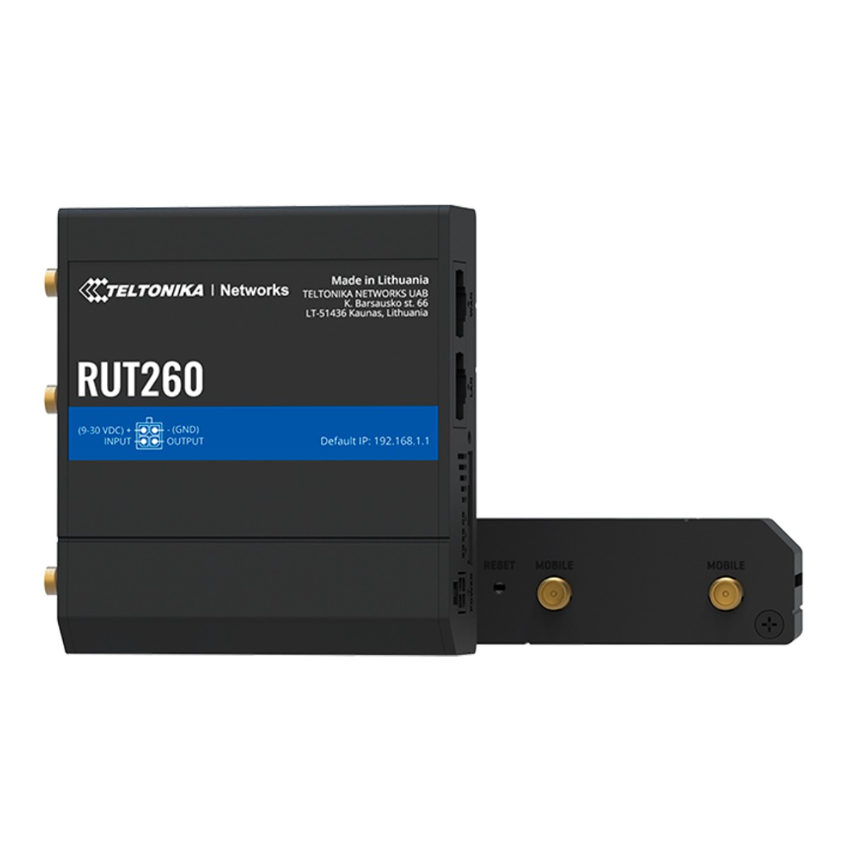 Un router nero Teltonika RUT260 con porte e LED. Prodotto in Lituania.