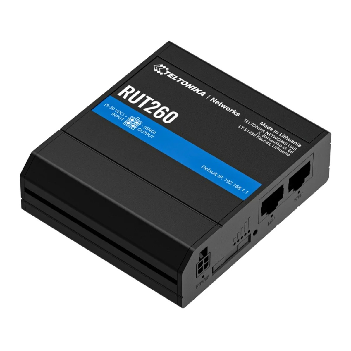 Un router Teltonika RUT260 nero con porte LAN e ingresso alimentazione.