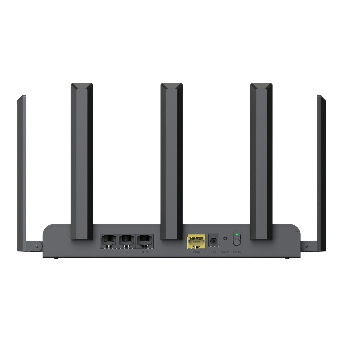 Un router nero con quattro antenne, porte LAN e una porta WAN.