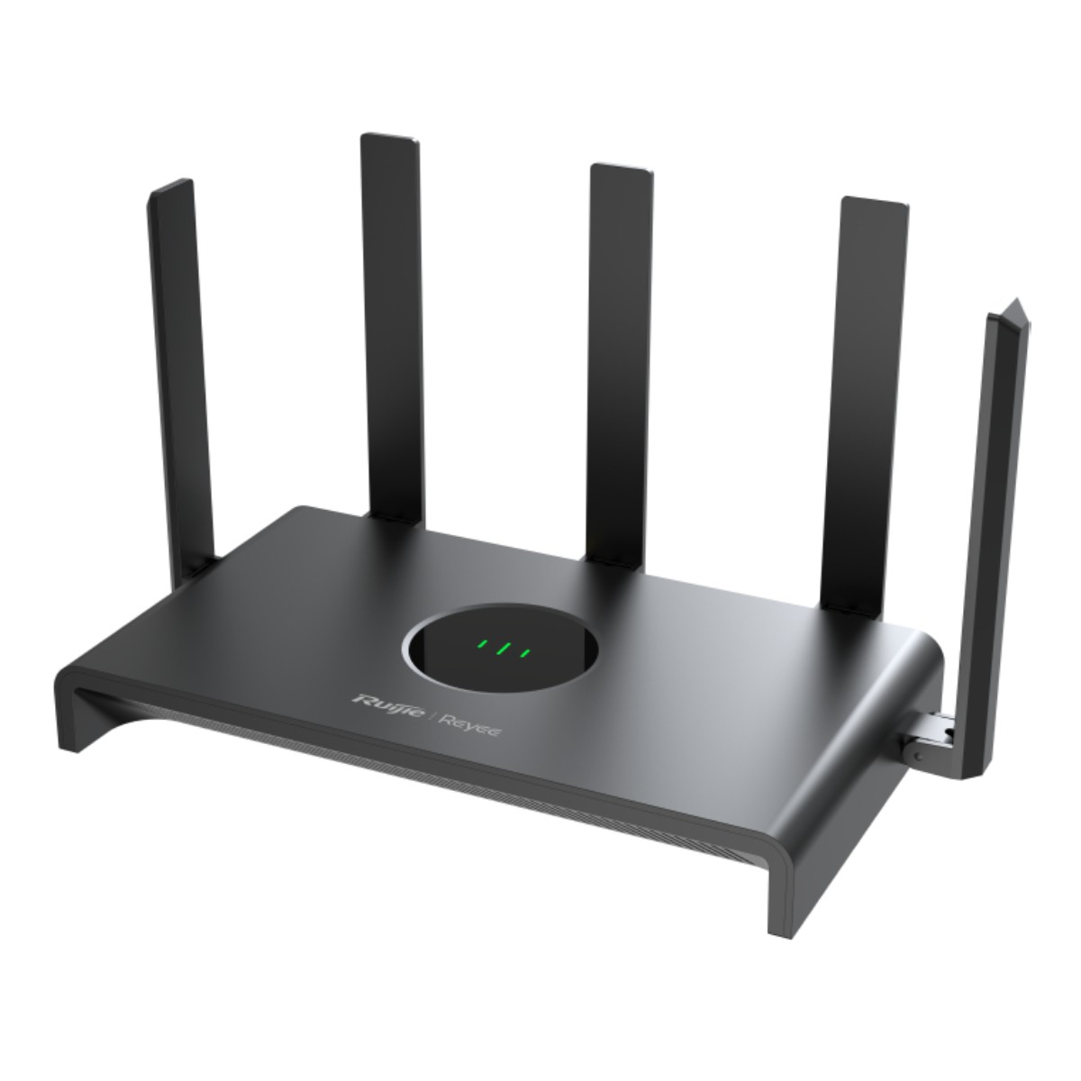 Router nero con cinque antenne e luci LED verdi su sfondo bianco.