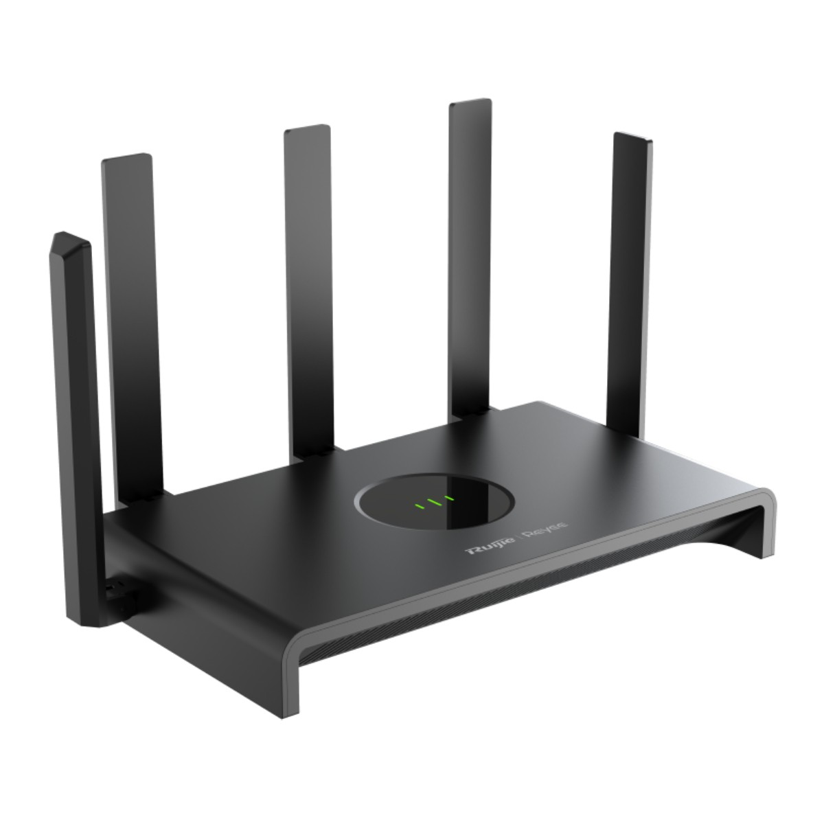Un router nero con quattro antenne e indicatori LED verdi su sfondo bianco.