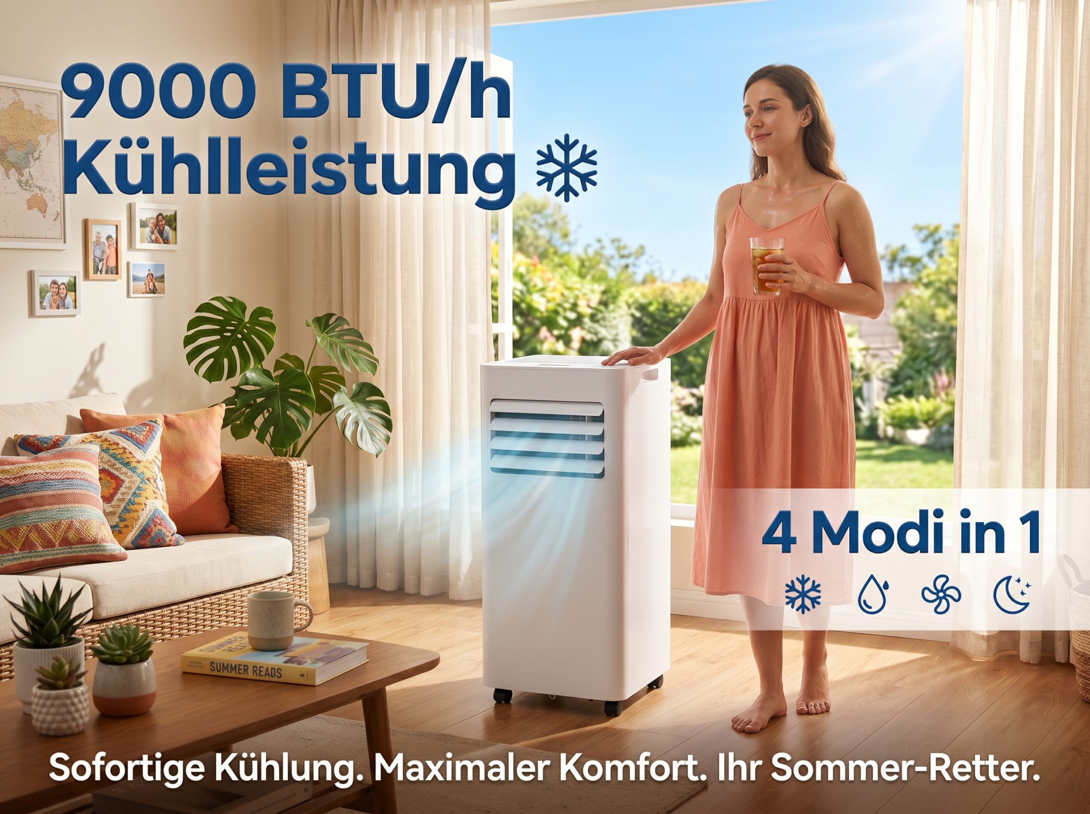 Ein mobiles Klimagerät mit 9000 BTU/h Leistung steht im Wohnzimmer. Eine Frau hält ein Glas.