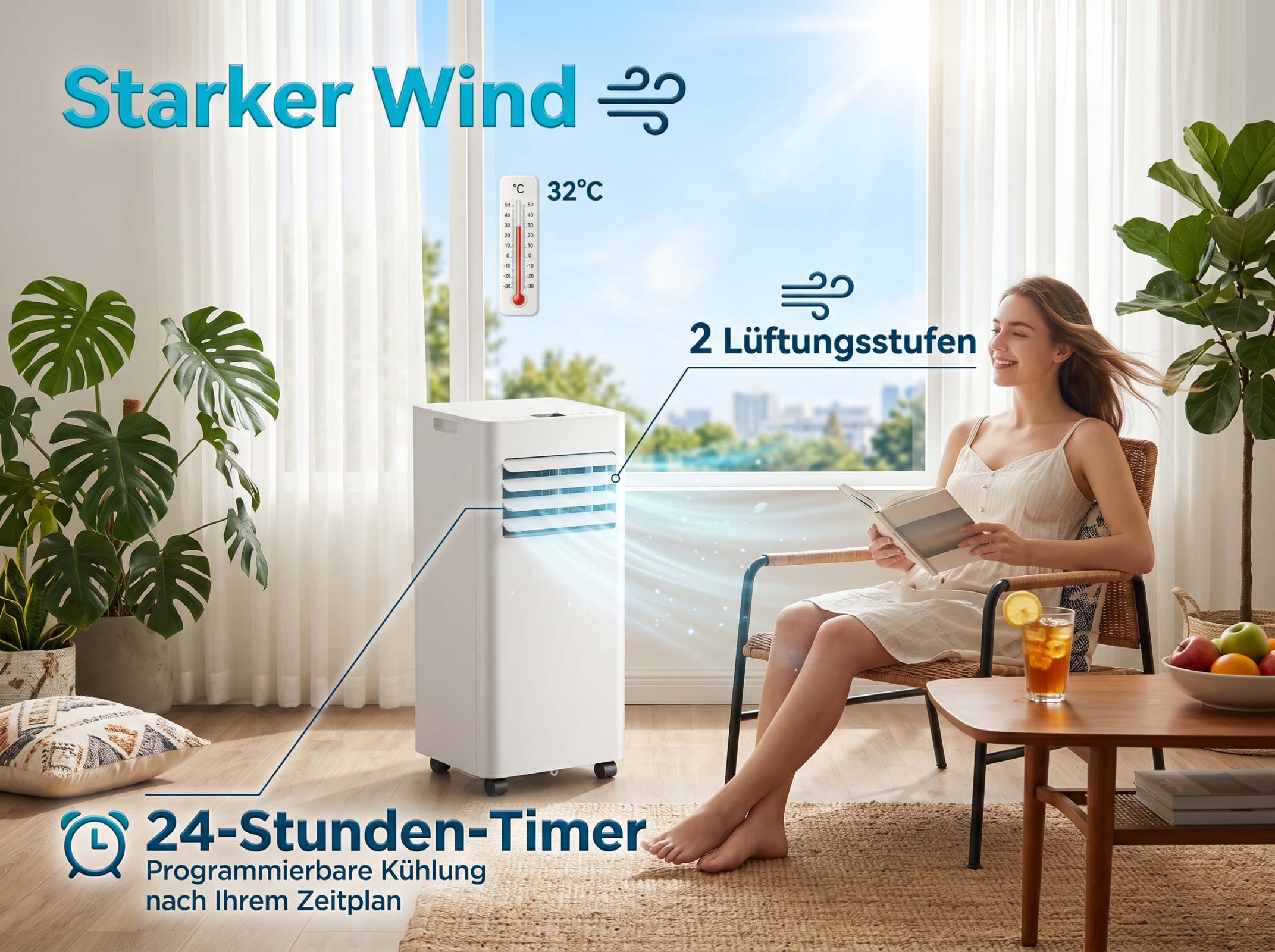 Eine Frau liest ein Buch, während ein Klimagerät kühle Luft bläst. 32°C.