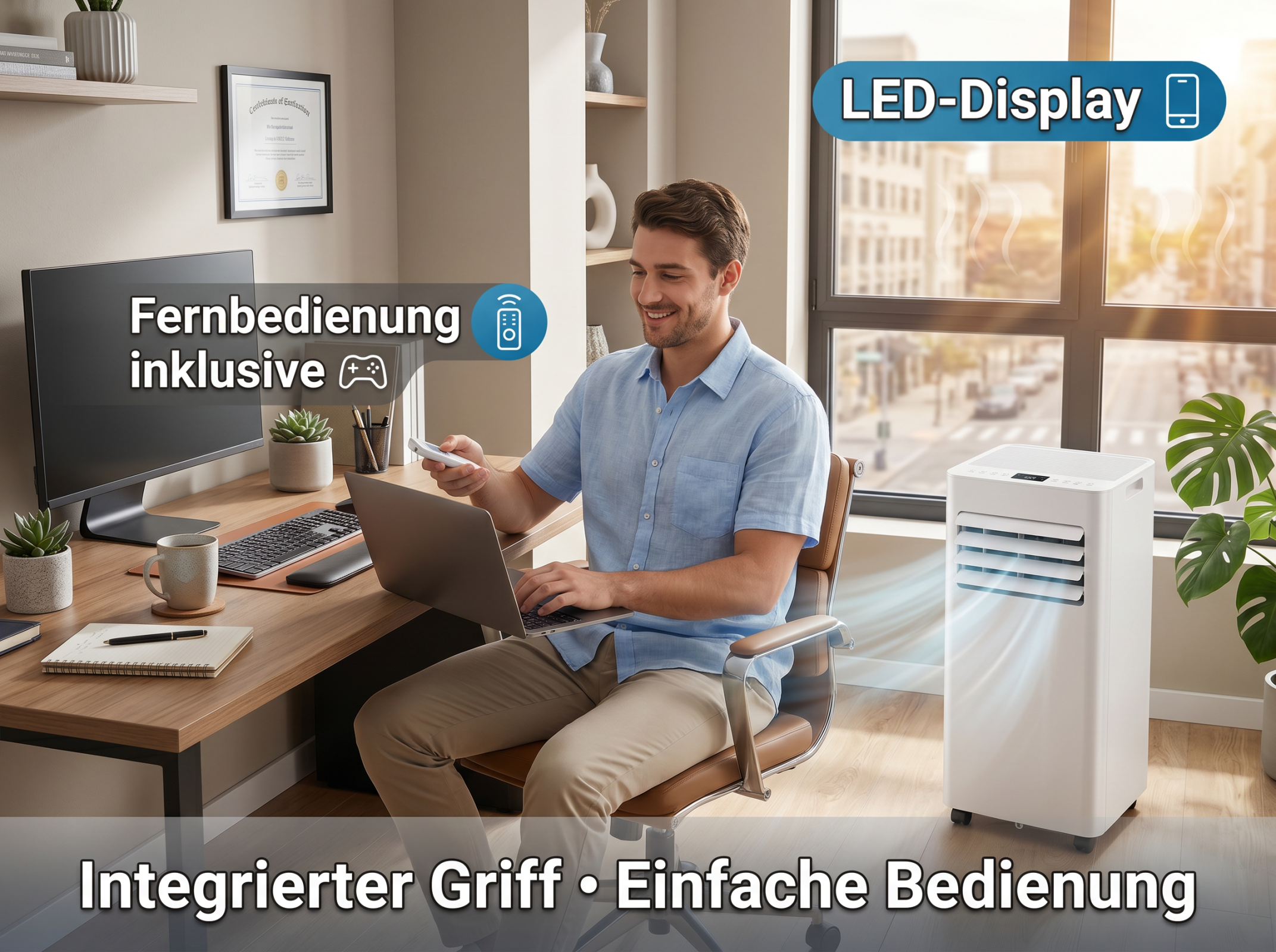 Mann sitzt am Schreibtisch, bedient Klimagerät mit Fernbedienung.