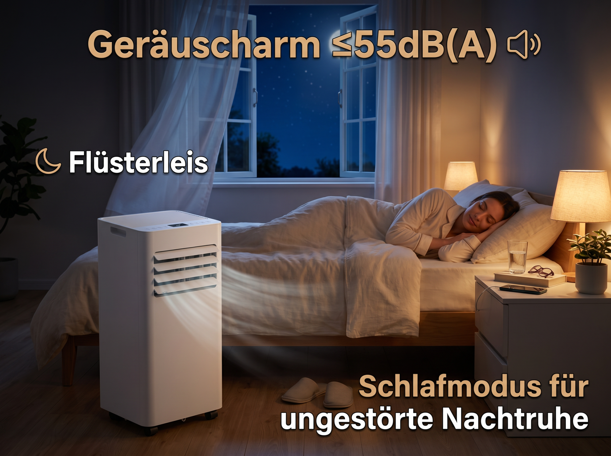 Ein mobiles Klimagerät im Schlafzimmer mit einer schlafenden Person und Text.