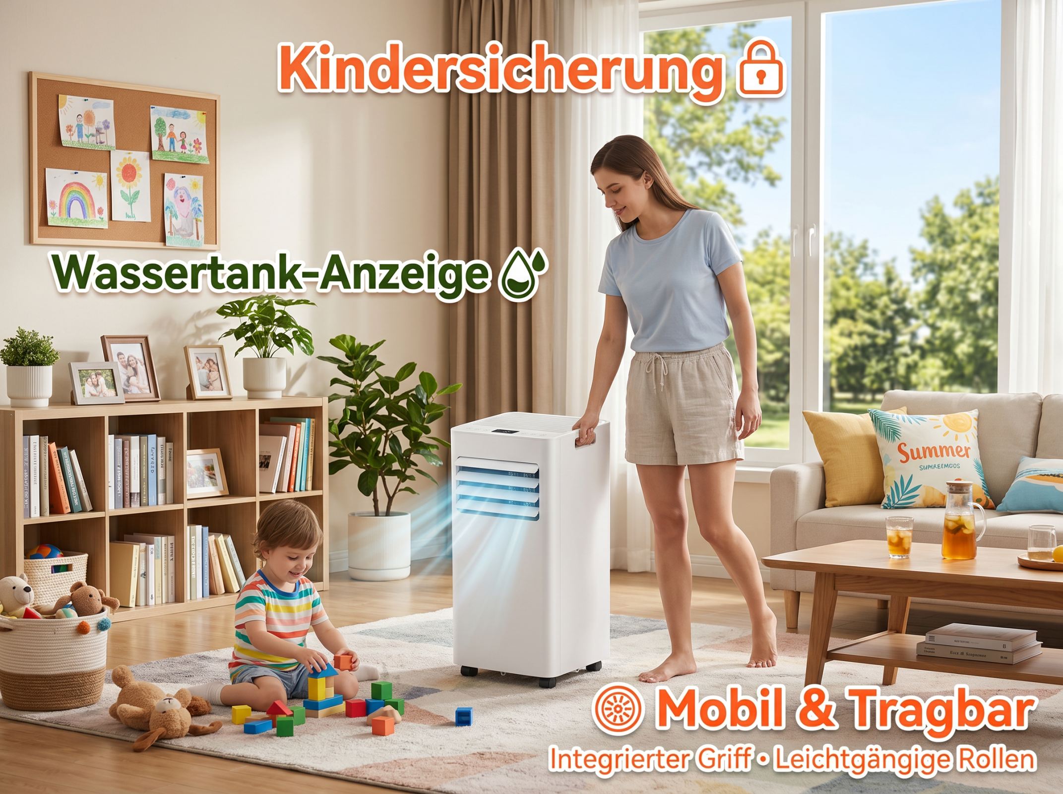 Ein Kind spielt mit Bausteinen, während eine Frau einen mobilen Klimaanlage bedient.