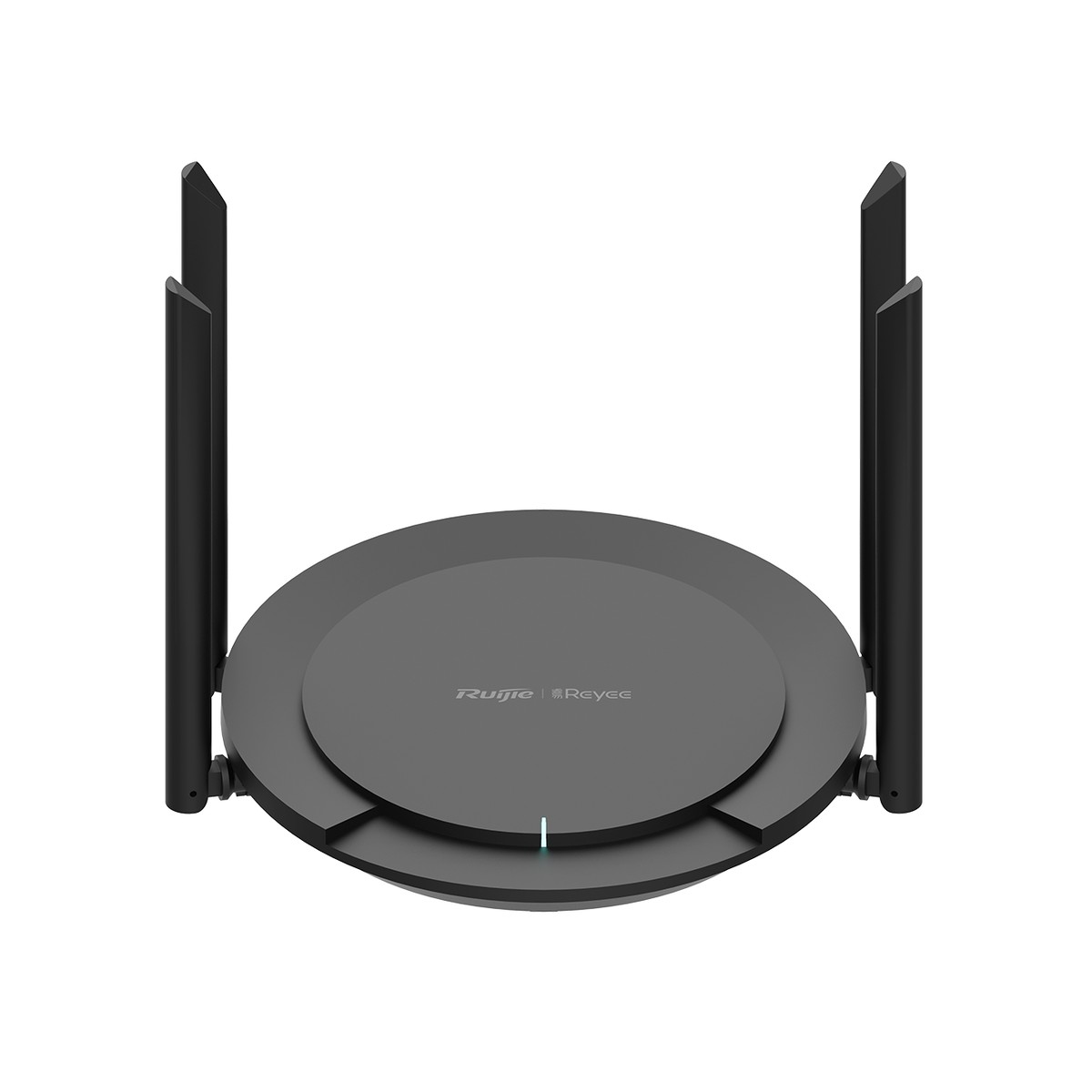 Un router nero con due antenne su sfondo bianco.