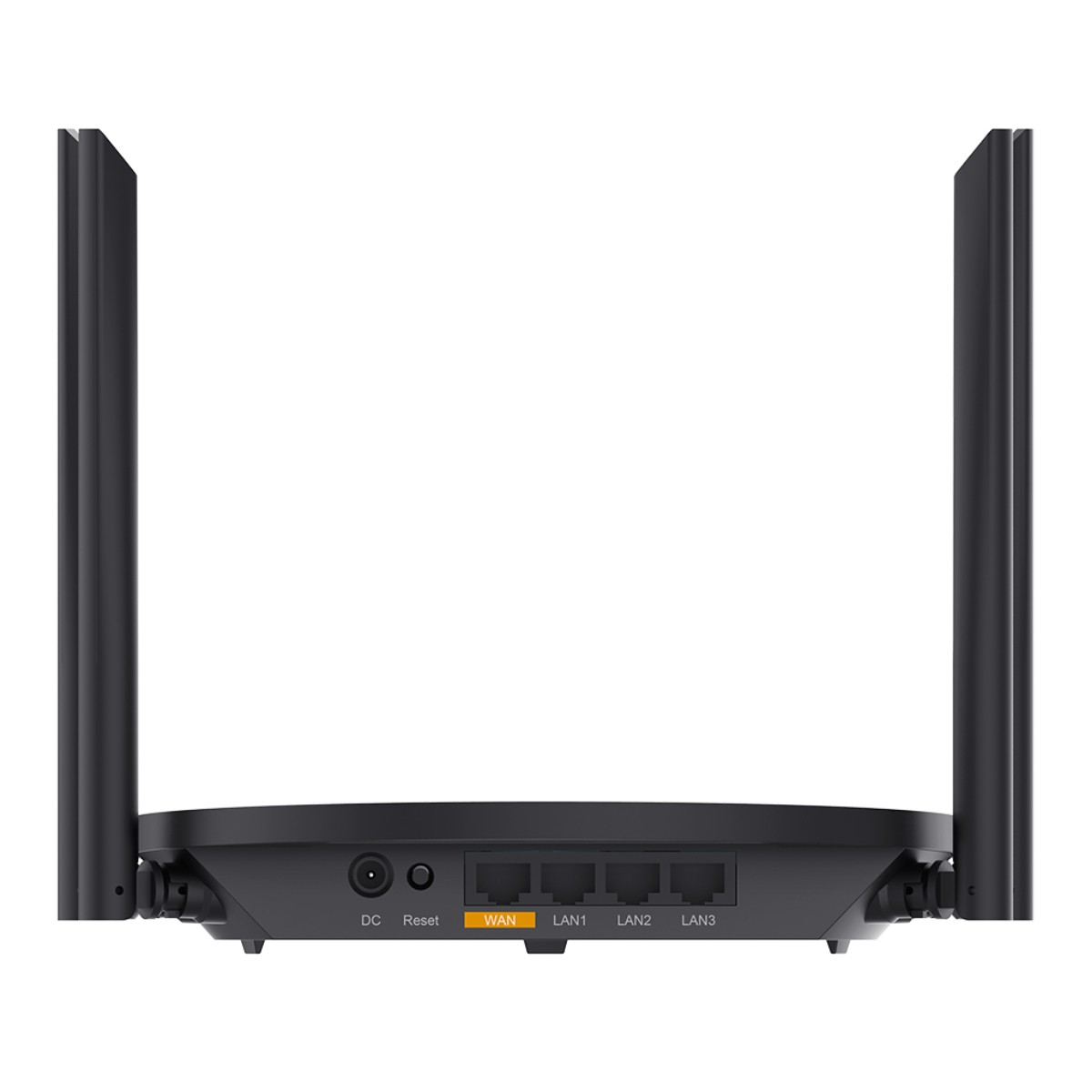 Un router nero con quattro antenne e porte: DC, Reset, WAN, LAN1, LAN2, LAN3.