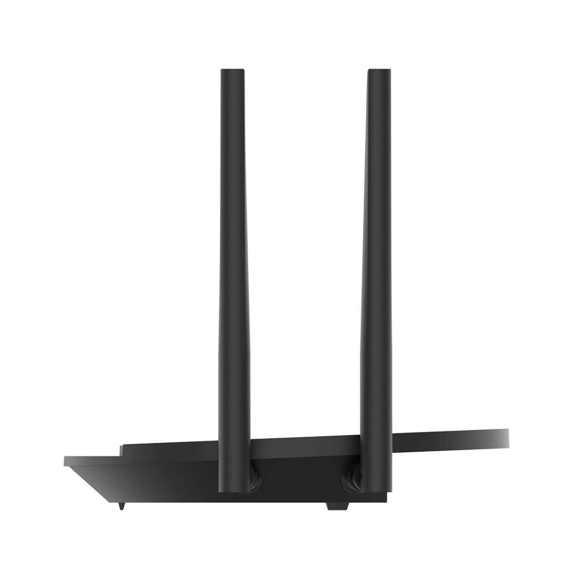 Router nero con due antenne, su sfondo bianco.