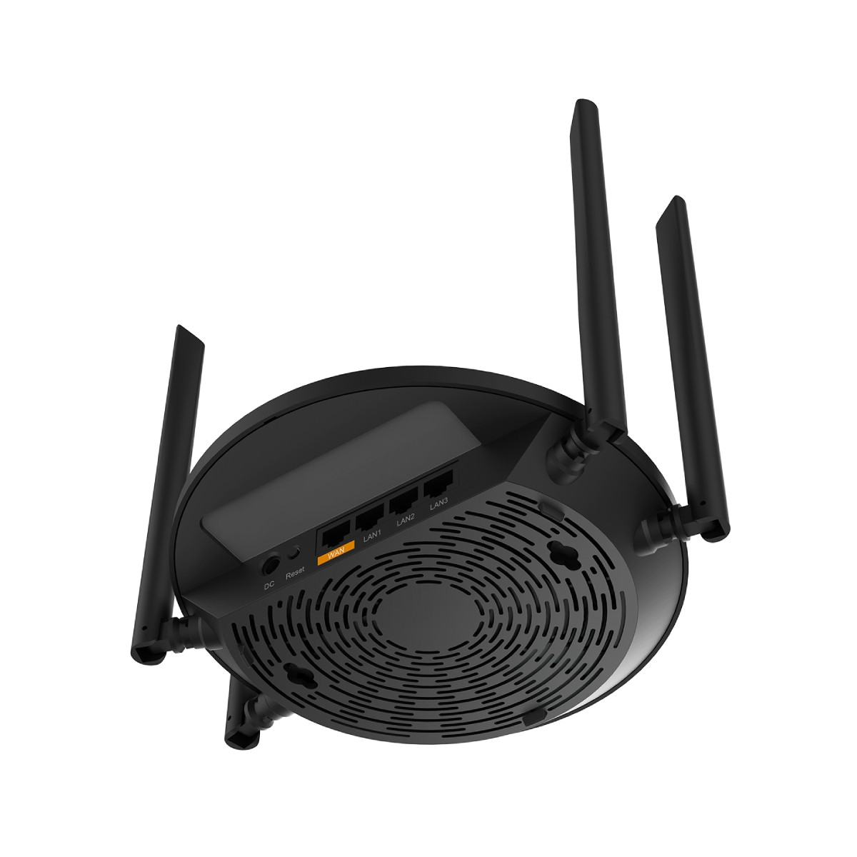 Un router wireless nero con quattro antenne, visto dal basso con porte.