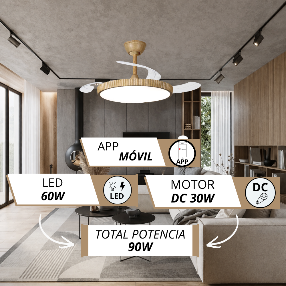 Ventilador de techo moderno con luz LED y control por APP en sala.