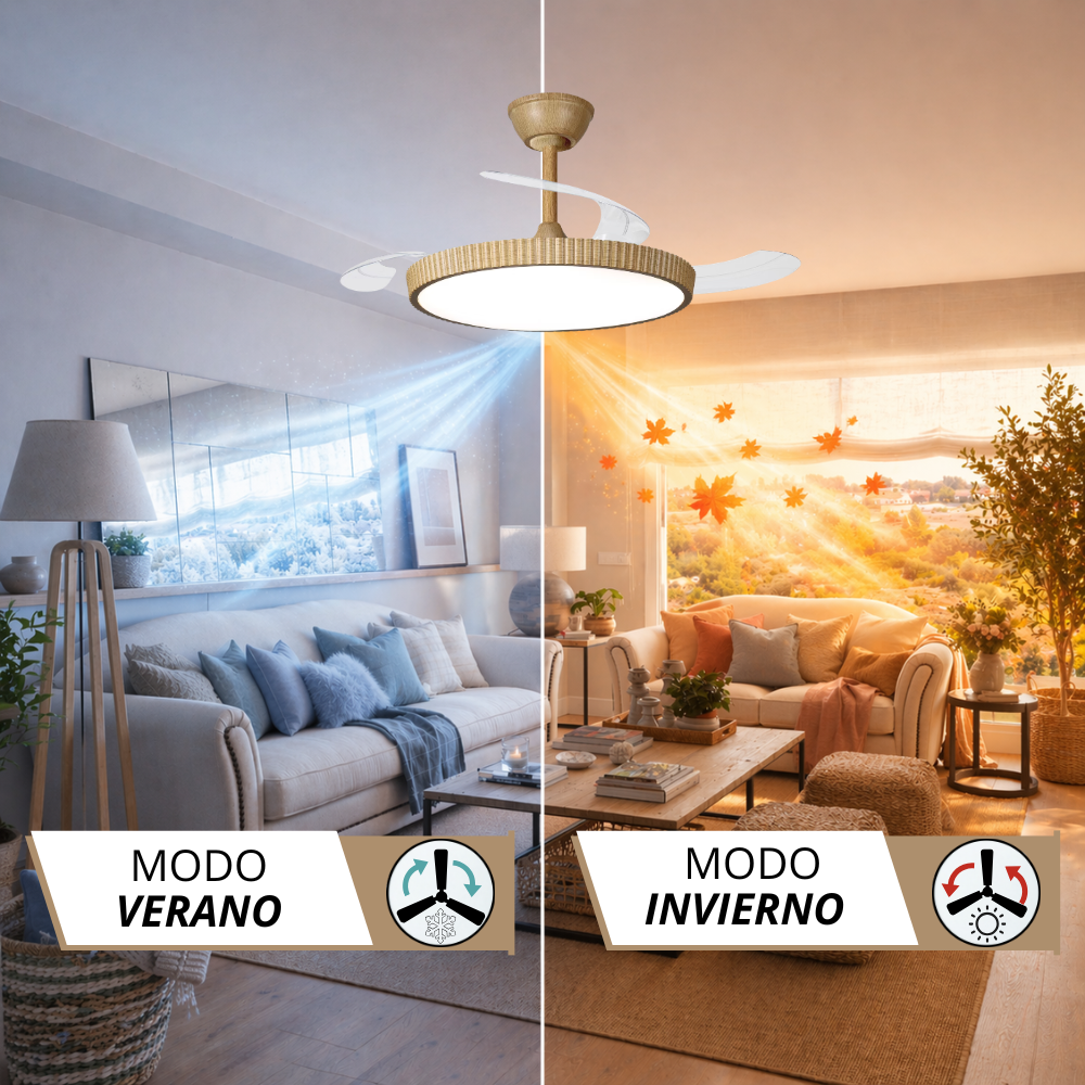 Ventilador de techo con luz en modo verano e invierno, sala.