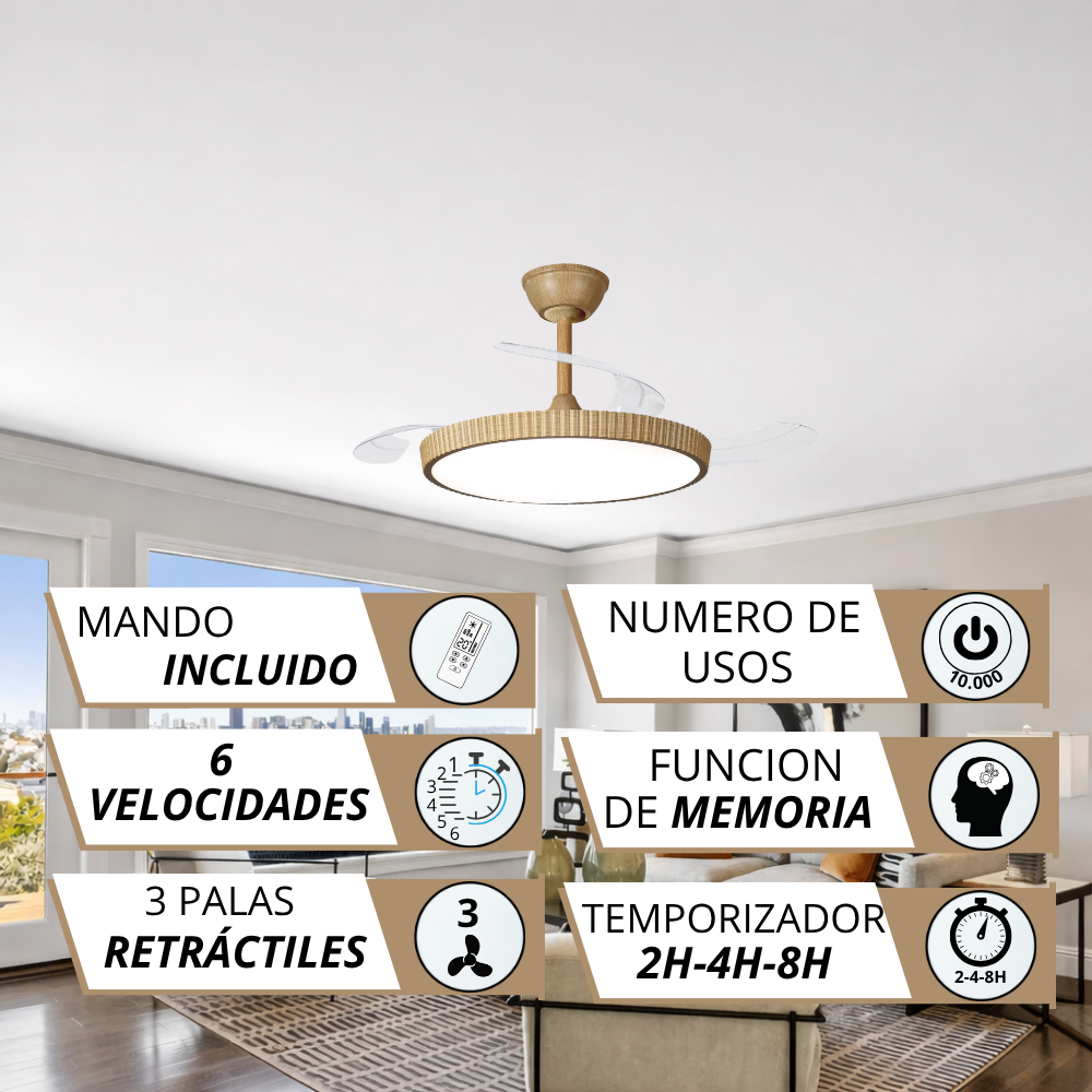 Ventilador de techo con luz, mando, 6 velocidades, 3 aspas retráctiles.
