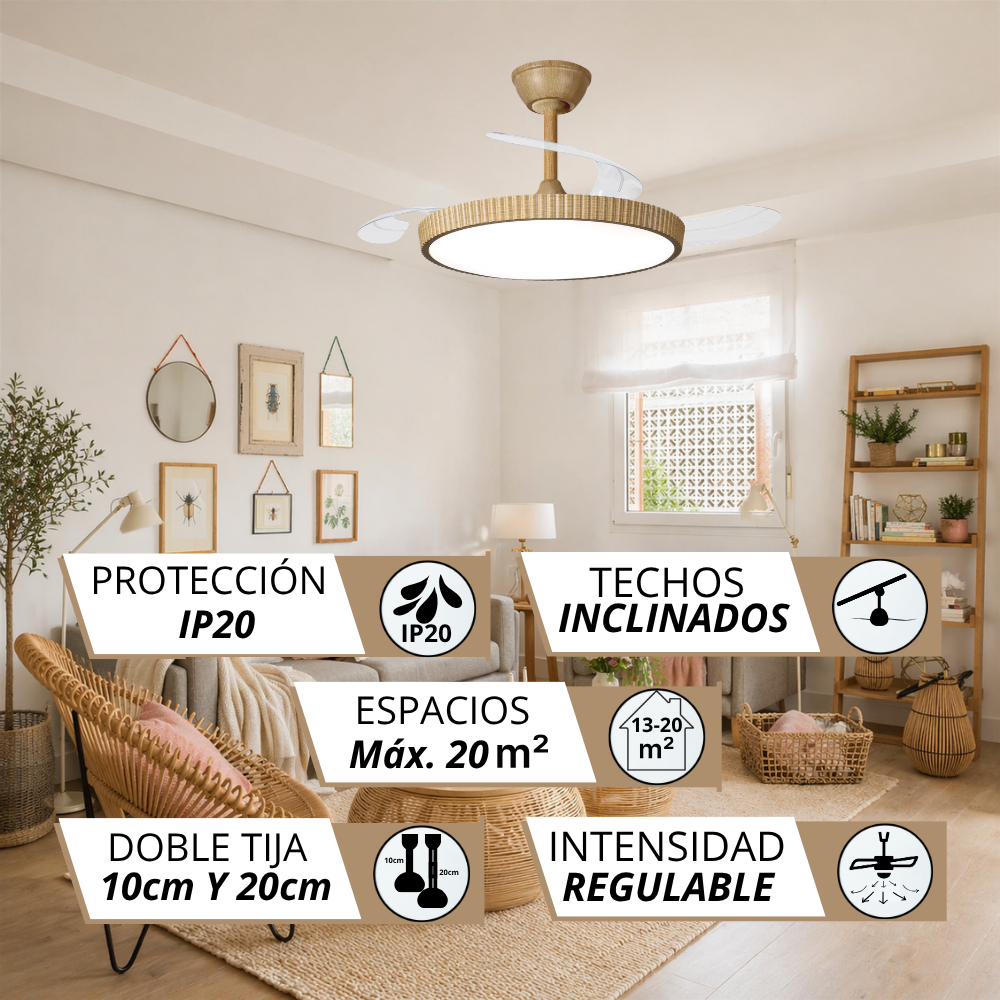 Ventilador de techo con luz, IP20, techos inclinados, 20m², doble tija 10/20cm.