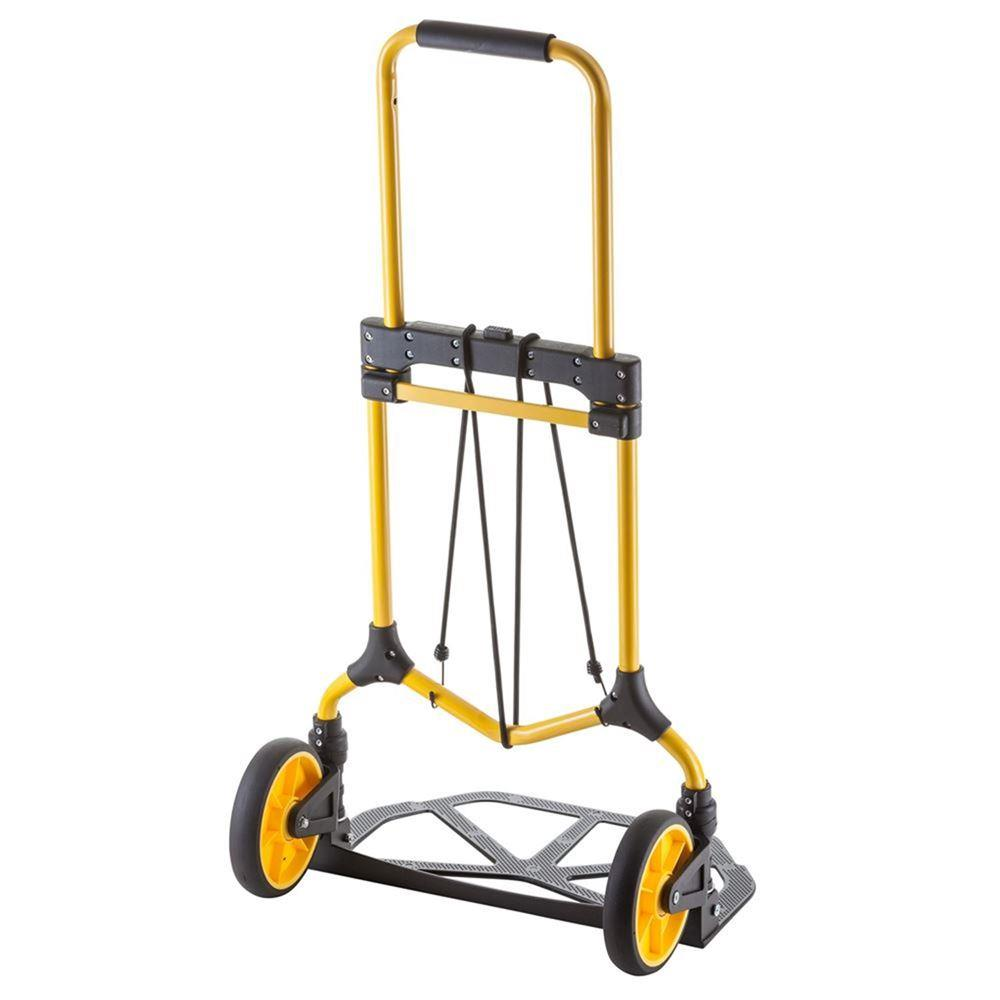A yellow folding hand truck with black wheels and handles.